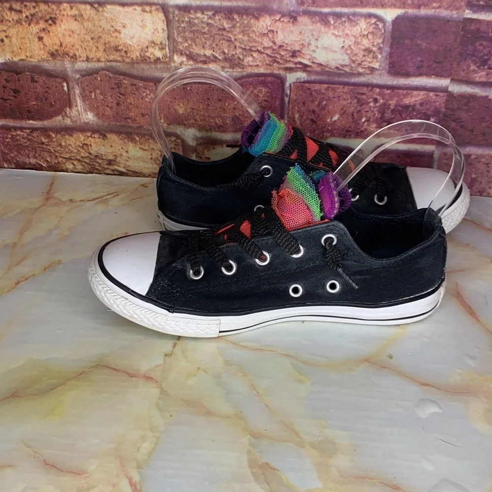 Converse All Star Black Low Top Rainbow Tulle Lace Up Canvas Sneakers